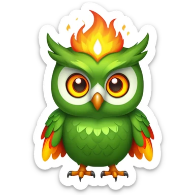 Duolingo green owl mascot with fire flames behind it sticker