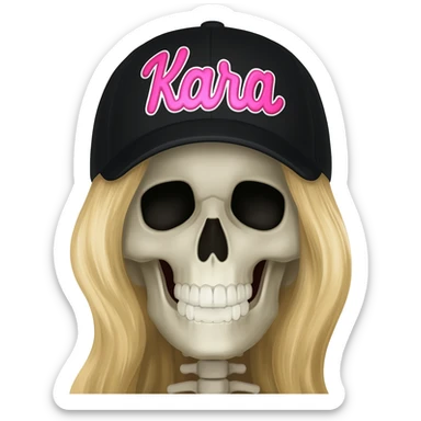 Create a skeleton head wearing a black baseball cap that says " Kara " in pink, and white lettering, with long blonde hair sticker