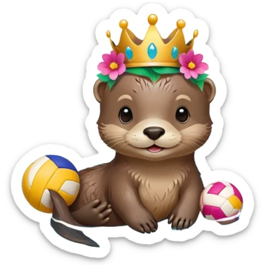 super cute baby otter with a colorful flower band/crown around its head, gentle expression and soft rounded eyebrows, floating on VERY CLEARLY VISIBLE blue water with prominent waves and ripples, baby otter with big sweet eyes holding a volleyball with both small paws above the water sticker