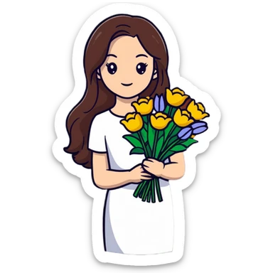 cool girl with long brown hair and fair skin holding a bouquet of flowers, stylish sticker