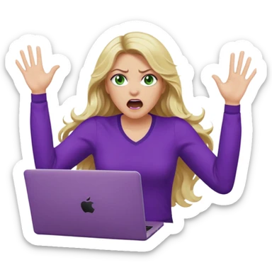 lady with long wavy blonde hair, purple top, green eyes, throwing her with a purple mac laptop hands in the air screaming, looking angry sticker