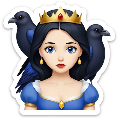 Cinematic Timeless Snow White Portrait Emoji, rendered in a clean, vector style. Depict Snow White with flawless porcelain skin, elegantly styled raven hair, and a serene, graceful expression, dressed in her classic blue and gold ensemble. The design features bold, simplified shapes, a soft, enchanting glow, and a subtle glowing outline, epitomizing pure, timeless beauty. sticker