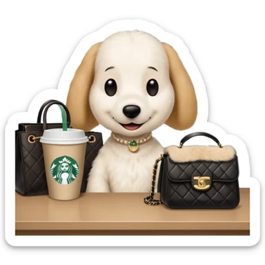 snoopy in a desk with starbucks and his chanel purse sticker