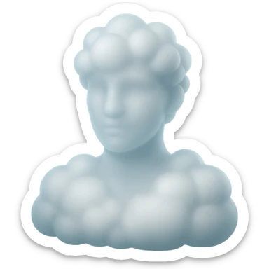 person made of white fluffy clouds, shoulders up, front view, matte glass style sticker