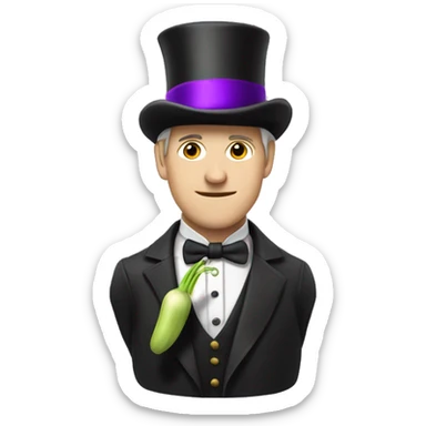 White man wearing a Top Hat with a purple band holding a leek sticker