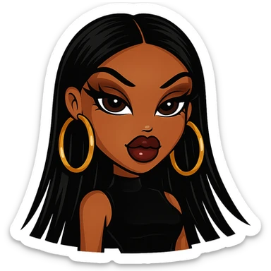 Bratz-inspired baddie with sleek black hair, brown skin, bold makeup, dark brown eyes, large gold hoop earrings sticker