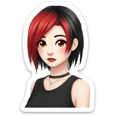 Gorgeous anime style lady with blushing face aesthetic and pretty edgy black red punk hair with hair garment trending style sticker