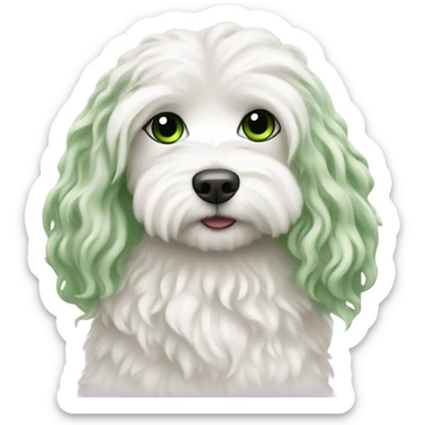 a long haired woman with green eyeshugging white maltipoo sticker