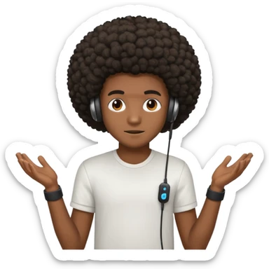 A dark-skinned boy with an afro, gamer , and ears, wearing a white shirt. sticker