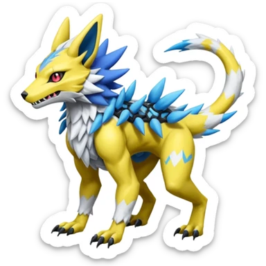 Sergal-Protogen-Trico-Renamon-Lombax-Zeraora-Vernid-fusion-hybrid-creature, drawn in a Pokémon/Digimon style sticker