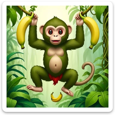 A surreal hybrid creature that is half monkey (top) and half banana (bottom). Green monkey with red facial features on top, and an opened banana peel forming the lower body. Set in a jungle with hanging vines and soft light filtering through trees sticker