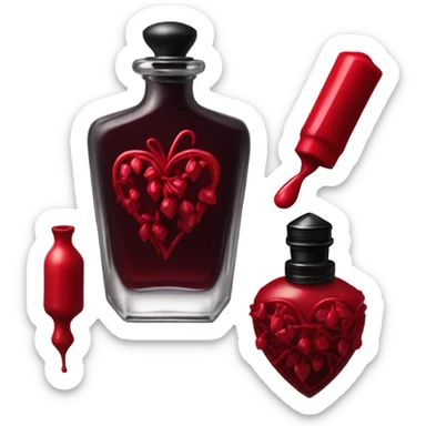 Dark red aesthetic perfume bottle with red bleeding hearts and an ink bottle sticker
