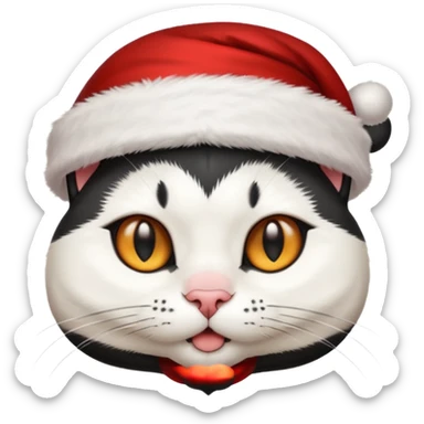 white and black cat face wearing a santa hat sticker