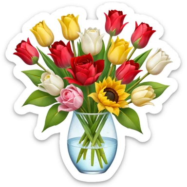 A mix bouquet of red, yellow and white roses, Sunflowers and white and pink Tulips sticker