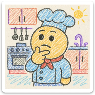 Convert to a children's doodle style emoji, cute and round style, thinking expression, simple kitchen background. sticker