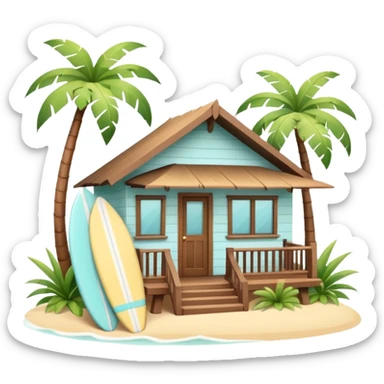Hawaiian bungalow house, pastel colors, wooden porch, surfboard leaning on wall, palm leaves, tropical vibe, cute mobile game icon style, 3D cartoon, clean background, no text
 sticker