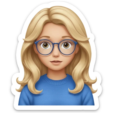 blonde girl with long dark blonde wavy hair, blue big eyes, pantos-style glasses, a brown sweater, sitting and looking in laptop, soft pastel, upper body shot sticker
