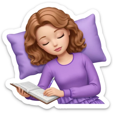 White Barbie girl Chestnut bob wavy hair sleeping with In lavender clothes, he writes in a notebook sticker