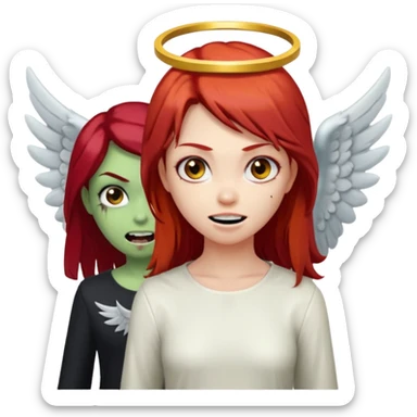 девушка ангел с нимбом и крыльями, с рыжими прямыми волосами по плечи, с улыбкой, стоит рядом с девушка зомби с темными длинными прямыми золосами, со злым выражением лица и ровными белыми зубами в стиле Apple avatar sticker