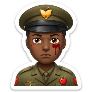 soldier with very dark melanated skin, scowling, blood splatter on left cheek, close-up face, Apple 2D emoji style sticker