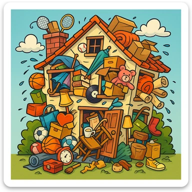 a cartoon house bursting at the seams with clutter, items spilling out of windows and doors, representing hoarding, colorful, cartoon style sticker