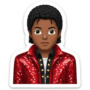 Michael Jackson with black hair, red sequin jacket, black shirt sticker