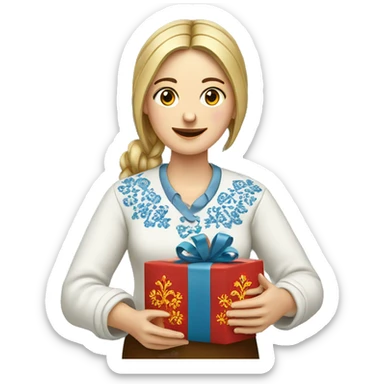 A female teacher in Ukrainian embroidery holds a gift in her hand sticker