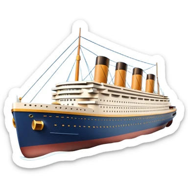 A 3D emoji of a Titanic ship in Apple style, glossy and smooth surface, bright clean colors with subtle shading, simple and minimal details, no face or expressions, floating on calm ocean, soft shadows, high-quality render, isolated on white background.


 sticker