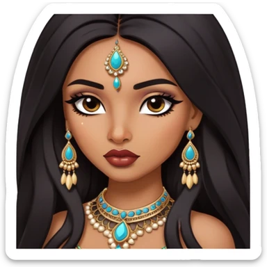 Indian nose, pretty lips, indian jewelry, long dark hair, medium skin, pretty bratz baddie, black eyeliner,  sticker