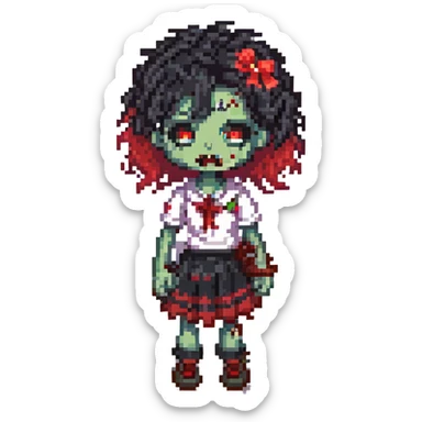 cute pixel art style of a zombie girl with curly black hair and red streaks, cute appearance, transparent background sticker