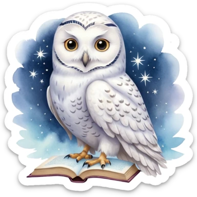 A hand-drawn fantasy illustration of Hedwig, Harry Potter’s snowy owl, with soft watercolor style, gentle pastel tones, magical sparkles in the air, cozy wizarding atmosphere, storybook illustration, high detail, whimsical and warm mood. ohne backgraund sticker