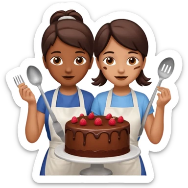 A chocolate cake being made by two young girls sticker