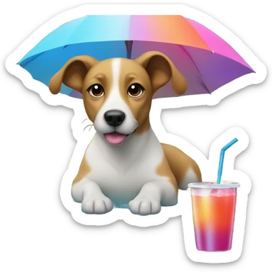 Dog sitting by the pool with an umbrella and a drink ￼ sticker