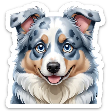 Cinematic Comical Blue Merle and White Australian Shepherd Portrait Emoji, Head tilted dramatically with an exaggeratedly shocked or offended expression, short blue merle fur with striking white patches, wide, expressive blue eyes filled with exaggerated disbelief, Simplified yet hilariously expressive features, highly detailed, glowing with a slightly sassy glow, high shine, dramatic yet playful, stylized with an air of attitude, bright and endearing, soft glowing outline, capturing the essence of a sassy and over-the-top pup, so meme-worthy it feels like it could side-eye its way into internet fame instantly! sticker