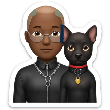 Please create a male character who is dark, bald and hardspm. He is tall well proportioned. He is wearing leather and has a leather dog collar around his neck sticker