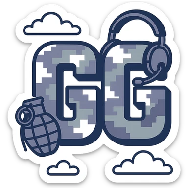 "GG" emote with Call of Duty theme featuring blocky text, digital camo overlay, small grenade or headset accent, intense and fun sticker