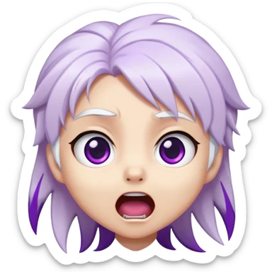 Chibi Sable Ward with shocked expression, wide purple eyes, mouth in an O shape, white hair with purple streaks, surprised look sticker