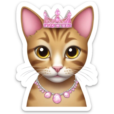Tabby cat, big eyelashes and a pink tiara, glittery pink claws, glittery jewelry and earrings sticker