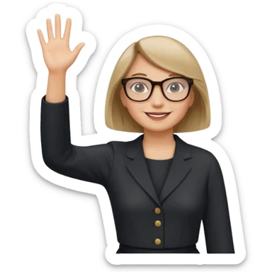 woman dark blonde petite bob haircut wears dark squarish glasses, classic clothes, smiling, waving, a tad older sticker