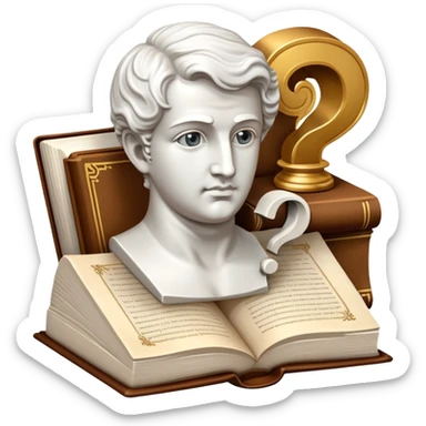 An icon featuring a classical bust, a book, and a question mark, symbolizing philosophy. The design includes a scroll with ancient text, evoking deep thought and intellectual inquiry. Transparent background highlights the search for knowledge and meaning sticker