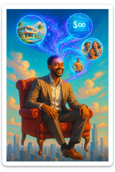 Un uomo sorridente e radioso, in abito elegante ma rilassato, seduto su una poltrona di velluto rosso fluttuante nel cielo sopra una città moderna. Dal suo terzo occhio (sulla fronte) si sprigiona un ologramma cosmico che mostra le sue visualizzazioni: una villa sul mare, un conto bancario con cifre infinite, un corpo atletico e persone felici intorno a lui sticker