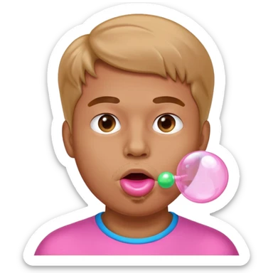 the guy is making a buuble of a chewing gum
 sticker