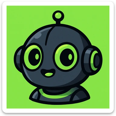 cute small robot headshot, round features, color scheme charcoal, black, neon green, gray, vibrant cartoon style sticker