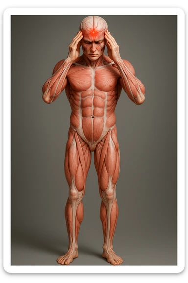 Full figure, hyperrealistic 4K medical illustration, exactly matching the style, pose, and composition of the reference: anatomical human body holding fingers on temples, contracted forehead, red spot on the forehead, expression of pain, clear background, extremely detailed, same lighting and style as reference. sticker