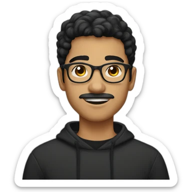 a light skin Pakistani teenager, wearing round glasses, short moustache, black hair, black jumper/sweater, structured manly face sticker