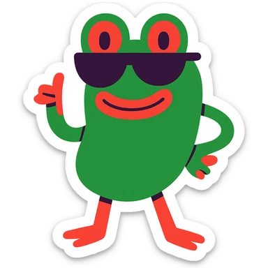 cool bean character with frog features, wearing sunglasses, confident and playful sticker