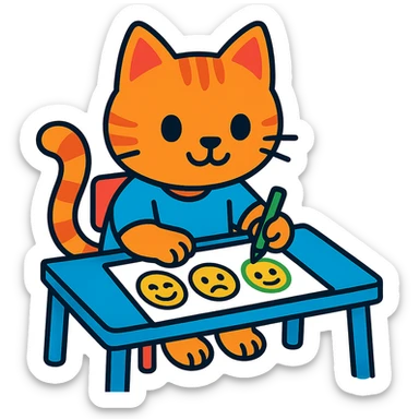 cute cartoon kitty sitting at a desk, drawing emoji faces sticker