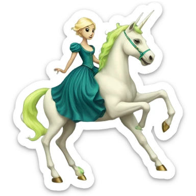 "galora green blonde alien woman" in blue Victorian dress elegant, full body, on gold unicorn sticker