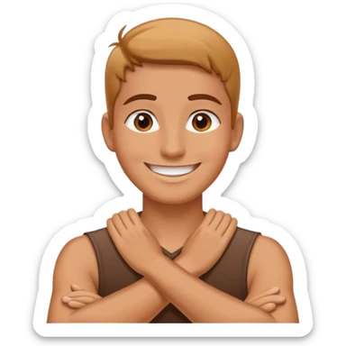 Person smiling with their hands crossed on their neck sticker