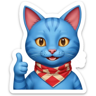 A Blue Cat smiling and giving thumbs up, wearing red Checkered Triangle scarf sticker